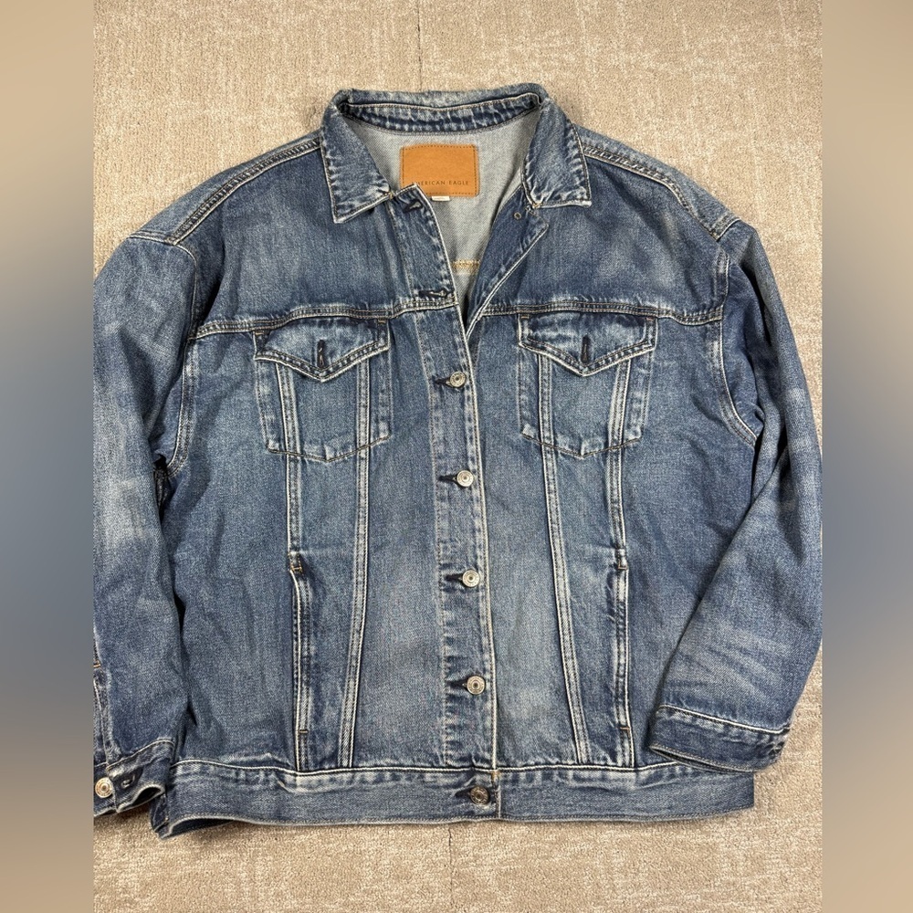 American Eagle Boho Distressed Button Down Denim Jacket Size Large